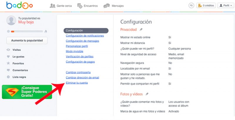 eliminar una cuenta en Badoo